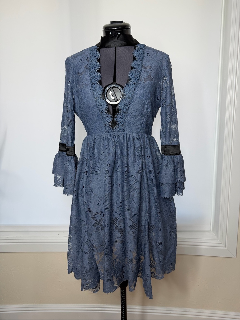 Free People Steel Blue Lace V-Neck Midi Dress